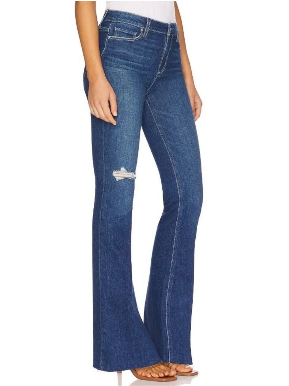 PAIGE High Rise Laurel Canyon Raw Hem Flare Jeans Freesia Destructed